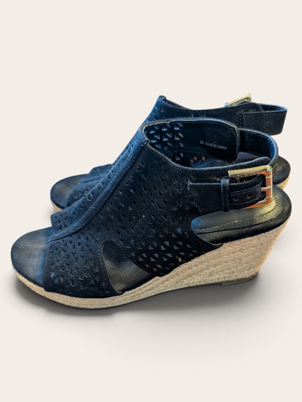 Liz Claiborne Black Laser-Cut Espadrille Wedge Sandals